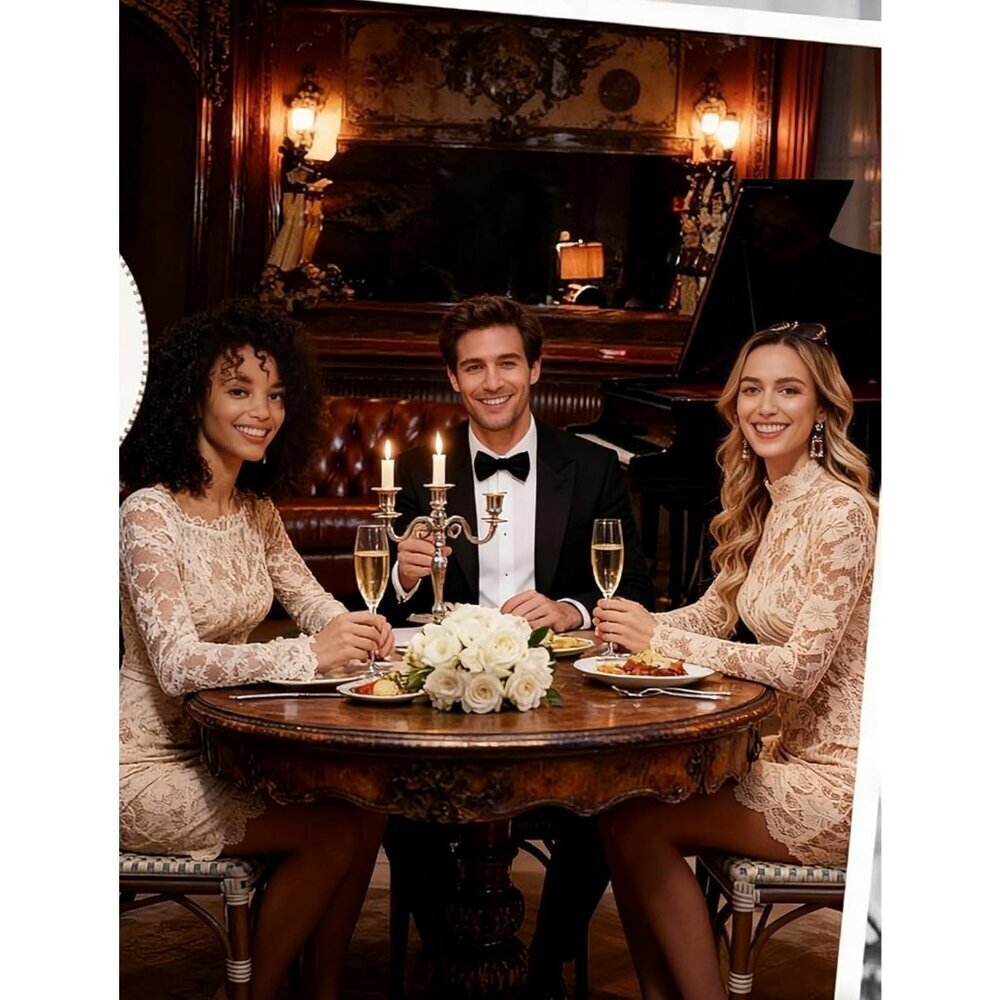 Womens Champagne Sheer Lace Long Sleeve Mini Dresses for Party outfit - Picture 4 of 6